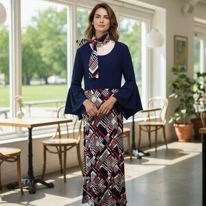 Vintage 1970s MOD Blue White Red Maxi Dress Full Drape Sleeves Neck Tie Sz 8 10